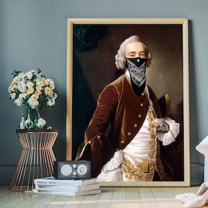 May include: A painting of a man in a brown velvet jacket and white shirt with gold embroidery. He is wearing a black bandana over his mouth and nose. The painting is framed in a wooden frame.
