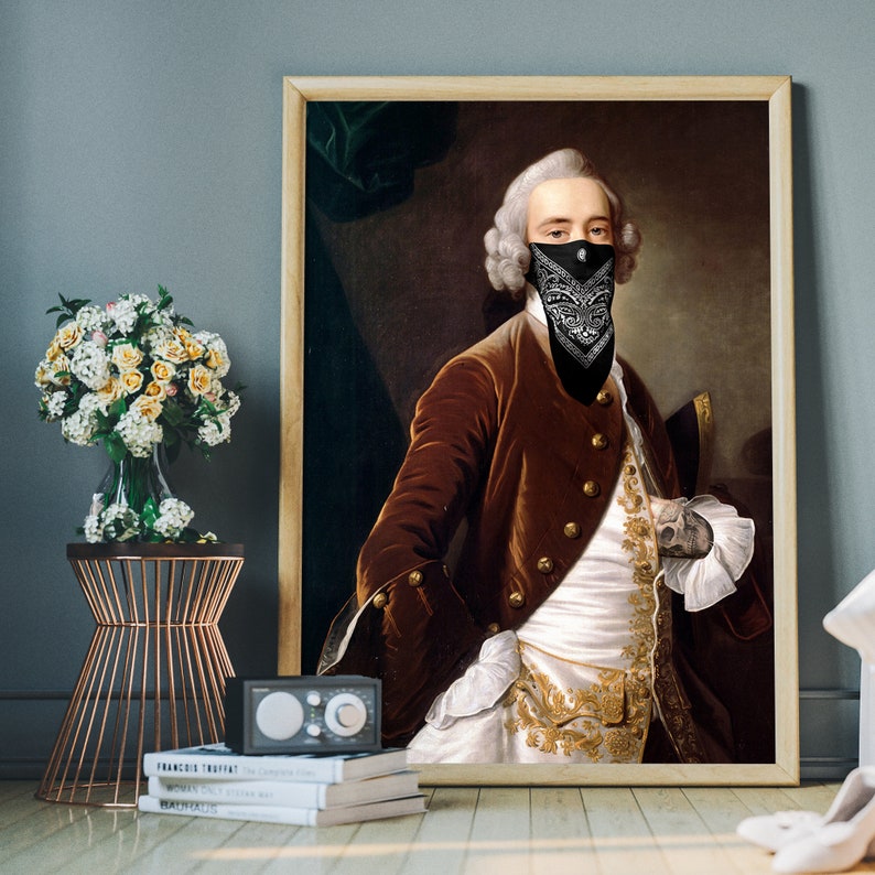 May include: A painting of a man in a brown velvet jacket and white shirt with gold embroidery. He is wearing a black bandana over his mouth and nose. The painting is framed in a wooden frame.