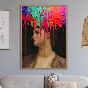 May include: A vintage portrait of a woman with colorful paint splattered over her head, dripping down her shoulders. The paint is a mix of bright green, red, pink, and blue.