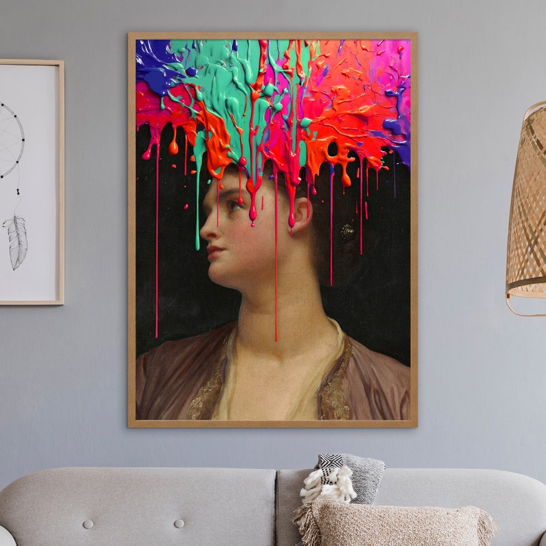 May include: A vintage portrait of a woman with colorful paint splattered over her head, dripping down her shoulders. The paint is a mix of bright green, red, pink, and blue.