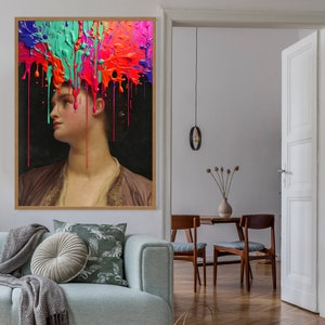 May include: A painting of a woman with colorful paint dripping from her head. The paint is in shades of blue, green, pink, and red. The woman is wearing a brown dress and has a serious expression on her face.