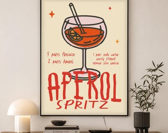 Aperol Spritz Cocktail Poster | Retro Italian Drinks Art Print | Bar Cart & Kitchen Gift