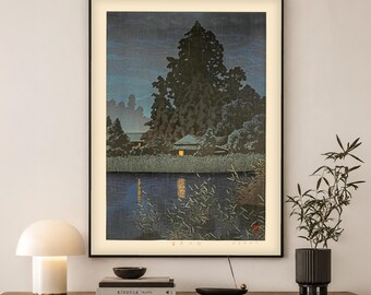 Kawase Hasui Rain at Omiya | Japanese Woodblock Art Print | Japandi Wall Decor Gift