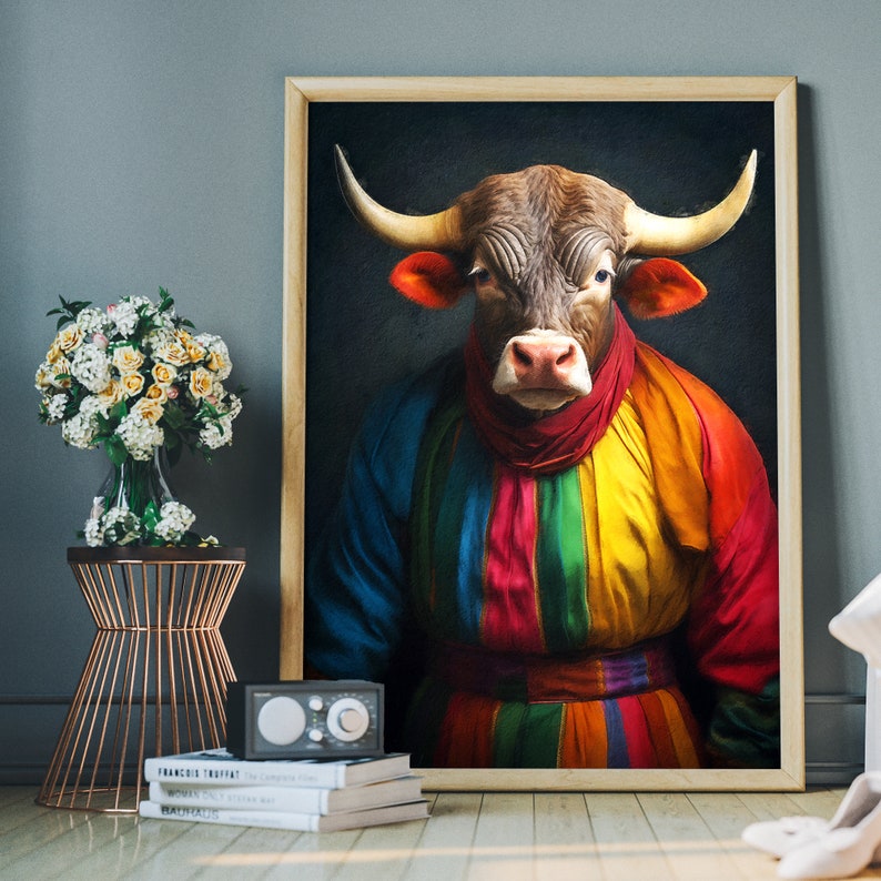 Rainbow Bull Poster – Renaissance Animal Painting, Altered Art Print ...