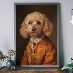 May include: A painting of a light brown poodle wearing a gold and white patterned jacket with a white lace collar. The dog is looking directly at the viewer.