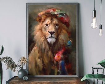 Vintage Lion Portrait Art Print - Renaissance Animal Painting, Animal Head Human Body, Unique Art Print, Aristocrat Animal