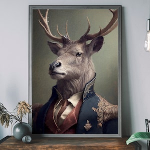 Ritratto d'epoca di cervo - Stampa artistica alterata di pittura di animali rinascimentali con testa di animale e corpo umano, stampa artistica unica