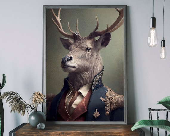 鹿のヴィンテージ肖像画 - ルネッサンス動物絵画を動物の頭部と人間の