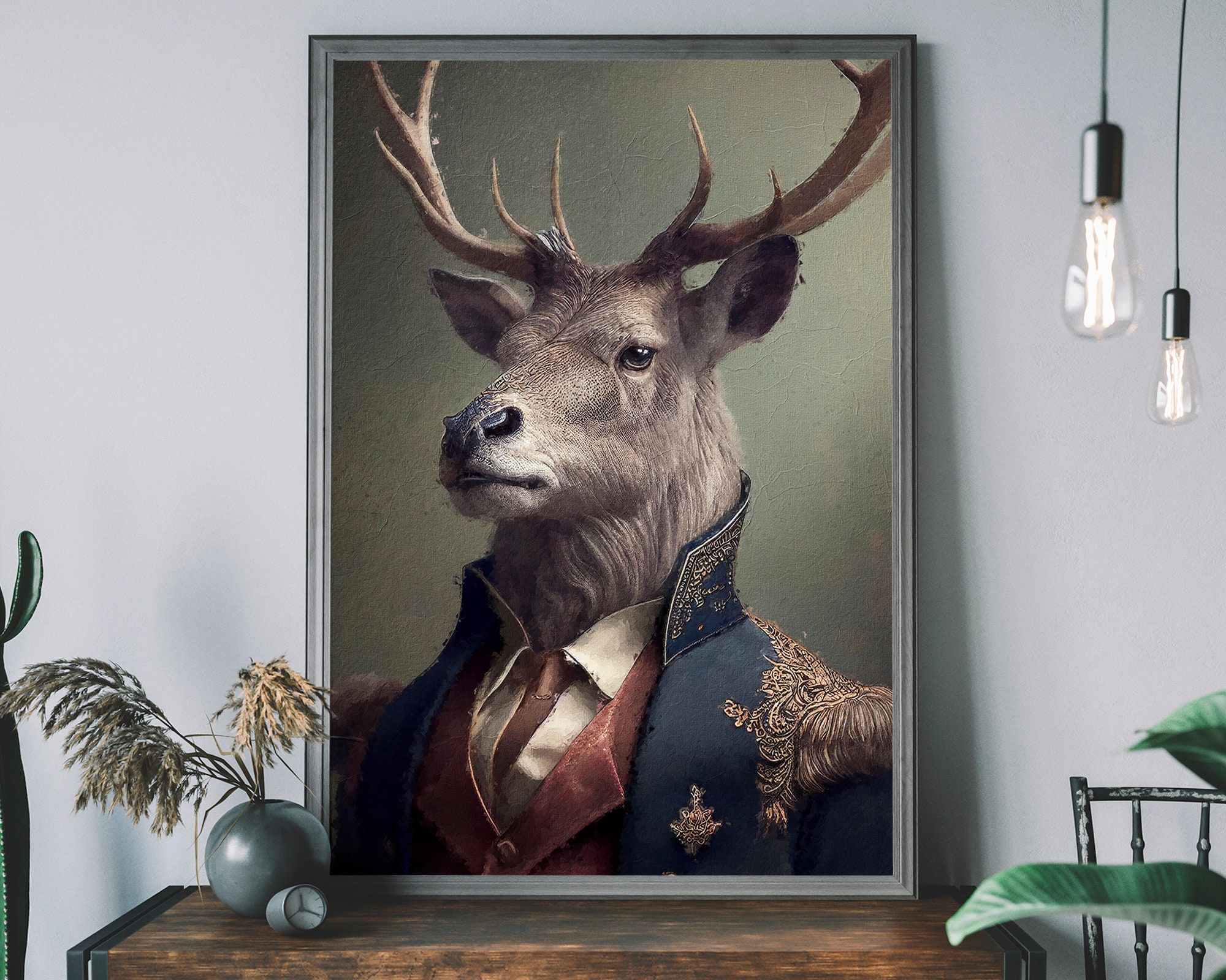 鹿のヴィンテージ肖像画 - ルネッサンス動物絵画を動物の頭部と人間の