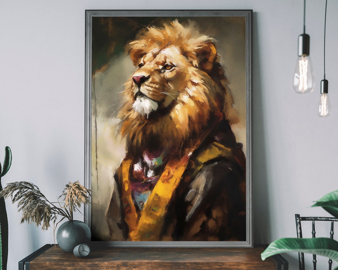 絵画　威厳のあるライオン ライオンの肖像画アートプリント – ルネッサンス動物画、威厳ある動物