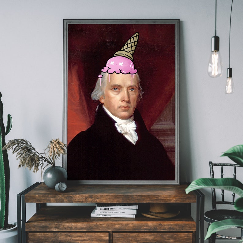 May include: A portrait of a man with a pink ice cream cone on his head. The man is wearing a black suit and a white cravat. The background is a red wall.