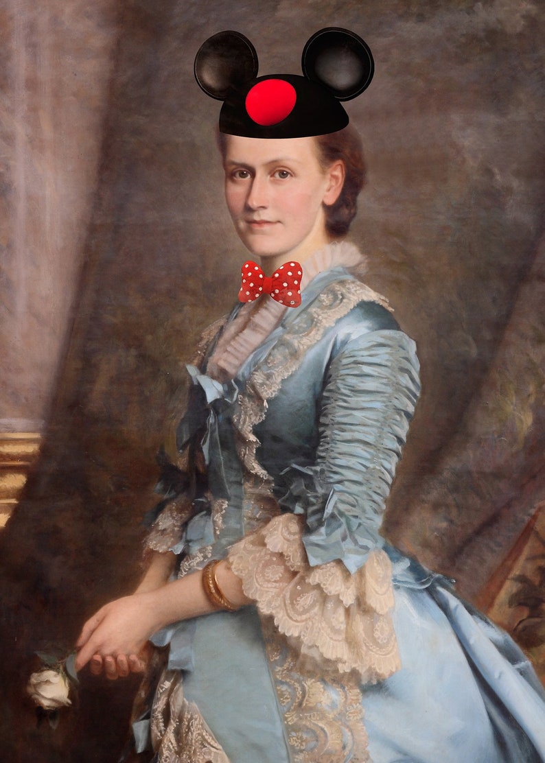 May include: A woman in a blue dress with lace trim and a red bow tie. She is wearing a black Mickey Mouse hat with a red center circle.