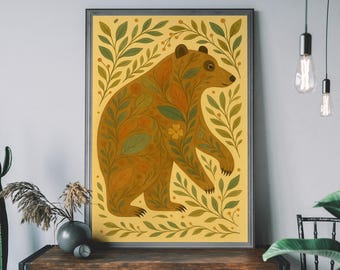 Folklore Bär Kunstdruck: Cottagecore Blumen Illustration