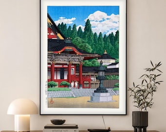 Kawase Hasui Japanese Print | Red Temple Woodblock Art | Japandi Wall Decor Gift