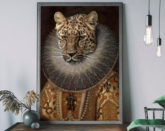 Renaissance Animal Painting, Altered Art Leopard print, Victorian Animal Portrait Wall Art