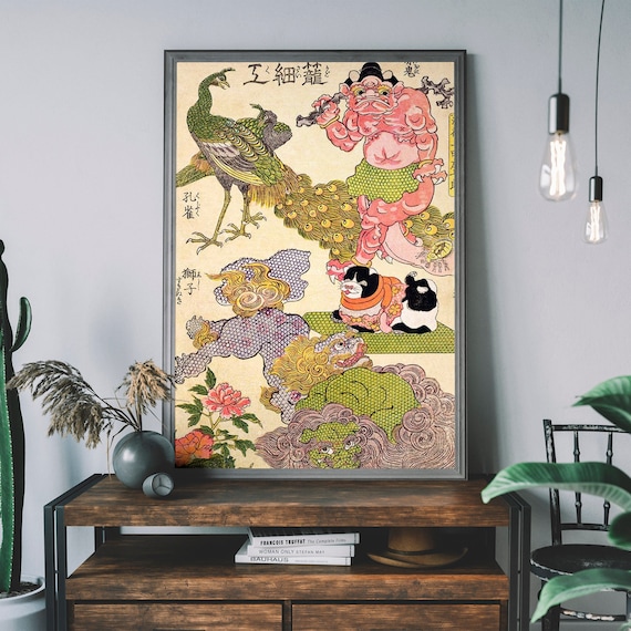 Vintage Japanese Dragon Illustration, Antique Japanese Poster, Traditional Woodblock Print