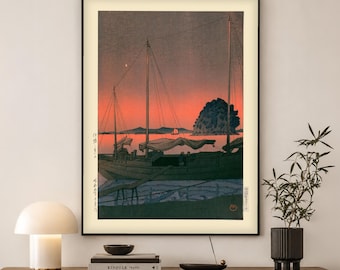 Kawase Hasui Harbour Print | Japanese Woodblock Art Sunset | Serene Coastal Wall Art