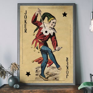 Kunstprint Joker-speelkaart – Retro muurkunst, rustiek huisdecor, gameroomkunst
