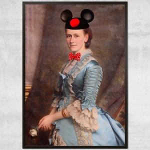 May include: A woman in a blue and white dress with a red bow tie and a black and red Mickey Mouse ears hat. The painting is set against a brown background.
