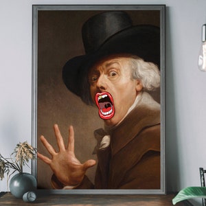 May include: A vintage portrait of a man in a black top hat and brown coat, with a large, open mouth and exaggerated red lips.