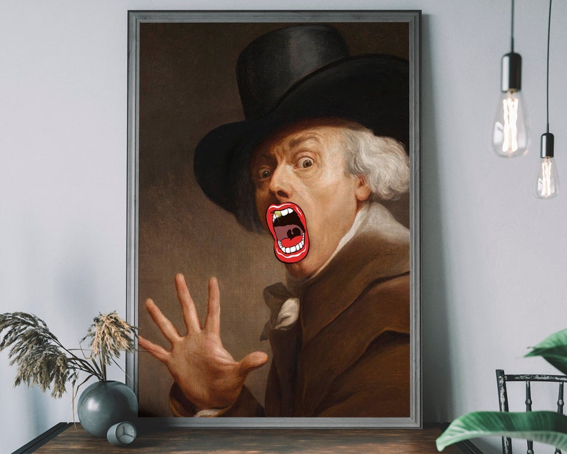 May include: A vintage portrait of a man in a black top hat and brown coat, with a large, open mouth and exaggerated red lips.