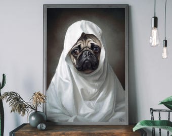 Halloween Geist Mops Kunstdruck: Gruseliger Cottagecore Hund