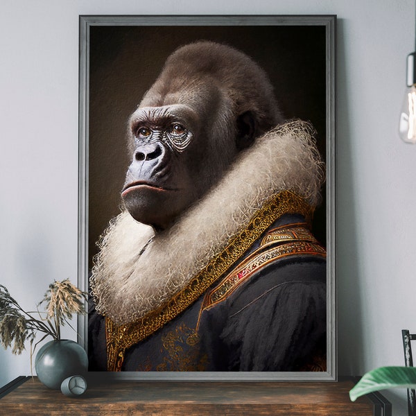 Vintage portret gorilla - renaissance dierenschilderij veranderde kunstafdruk, dierenkop en menselijk lichaam, unieke kunstafdruk