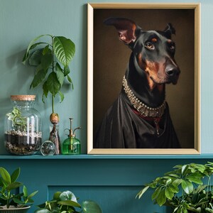 May include: A black Doberman Pinscher dog wearing a pearl necklace and a red ribbon, posed in a portrait style against a brown background.