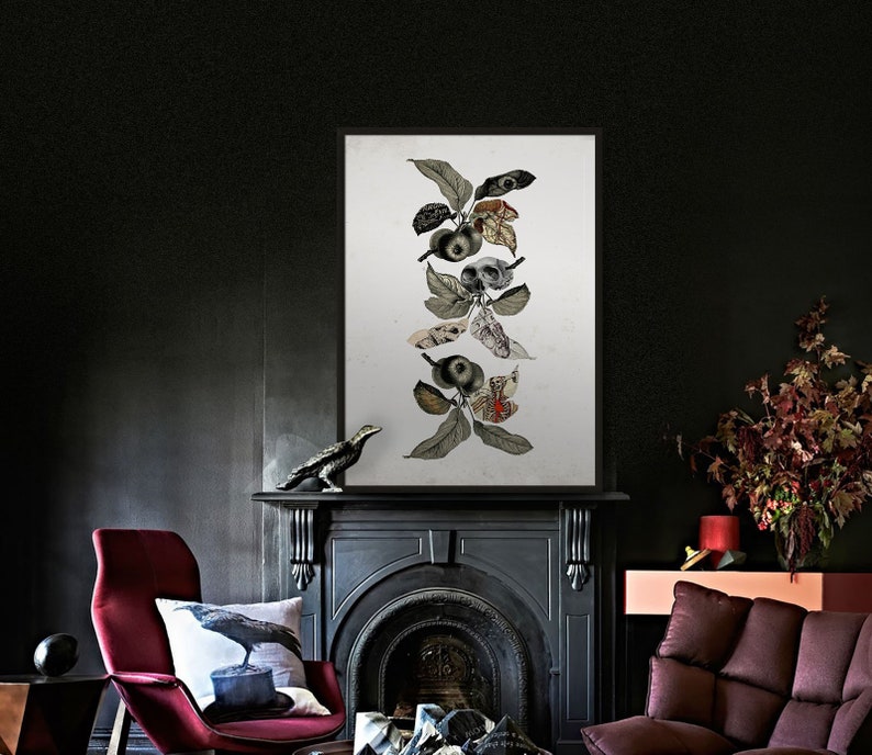 May include: A black and white framed print of a stylized illustration of a branch with apples. The apples are decorated with eyes, skulls, and other details. The print is hanging on a black wall above a fireplace.