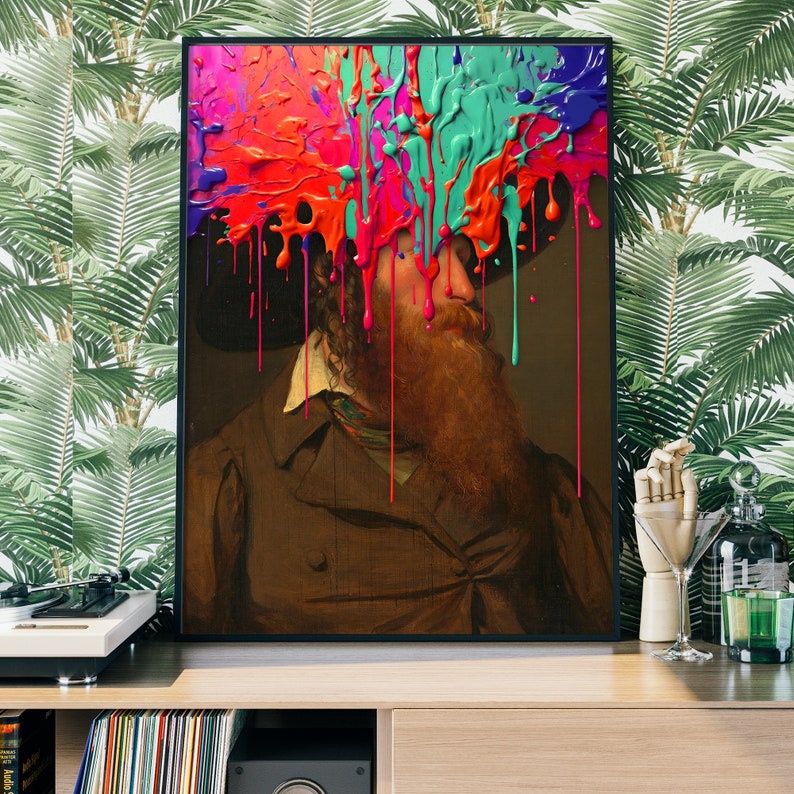 Puede incluir: Una pintura de un hombre con barba, que lleva un abrigo marr&oacute;n. Salpicaduras de pintura de colores gotean desde arriba de su cabeza.