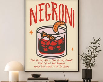 Negroni Cocktail Poster | Vintage Bar Cart Wall Art | Gift for Cocktail Lovers