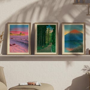Japanisches Poster Set, Road to Nikko, Morning Sea, Yamanaka-See & Mt. Fuji von Kawase Hasui, Holzschnitt, Japandi Decor