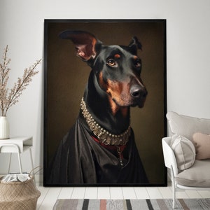 May include: A black and brown Doberman Pinscher dog wearing a silver and pearl necklace and a black velvet cape. The dog is looking to the right of the frame.