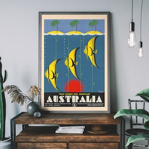 Australia Travel Poster, Great Barrier Reef Illustration, Antique Travel Poster, Retro Advert