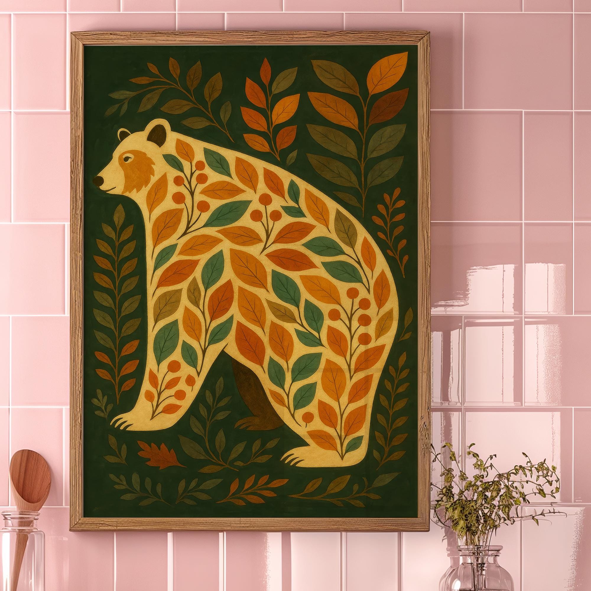 ペン画　30x40cm Folk Bear Illustration Print – Floral Woodland Bear Wall Art, Boho