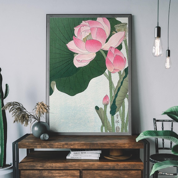 Blooming Lotus Flowers Print by Ohara Koson, Vintage Floral Japanese Poster, Woodblock Wall Art, Botanical Decor