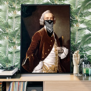 May include: A painting of a man wearing a black bandana over his mouth and nose. He is wearing a brown velvet jacket with gold buttons and a white shirt with gold embroidery. The painting is set against a dark background.