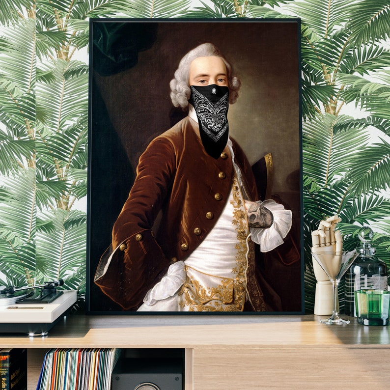 May include: A painting of a man wearing a black bandana over his mouth and nose. He is wearing a brown velvet jacket with gold buttons and a white shirt with gold embroidery. The painting is set against a dark background.