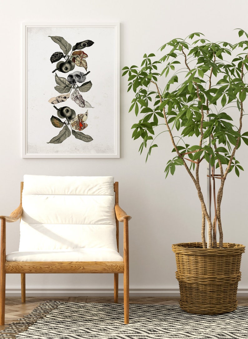 May include: A framed print of a botanical illustration featuring a stylized branch with apples and butterflies. The apples are depicted with anatomical details, and the butterflies have intricate wings.