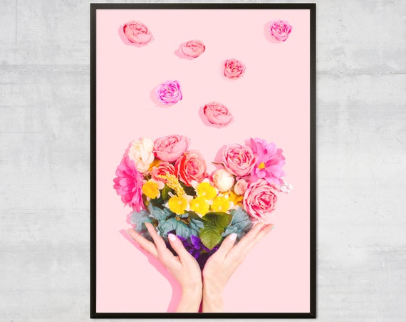 Heart Roses Print Bouquet of Hearts Bouquet Flowers Pink 