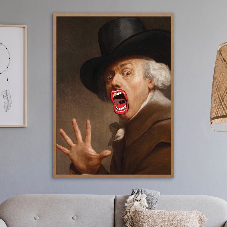 May include: A vintage portrait of a man in a black top hat with a wide brim, wearing a brown jacket and white cravat. His mouth is open wide, revealing a large, red, cartoon-style mouth with white teeth.