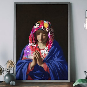Poster Maagd Maria – Altered Art Print, graffitiposter, Banksy-stijl, surrealistisch stedelijk decor