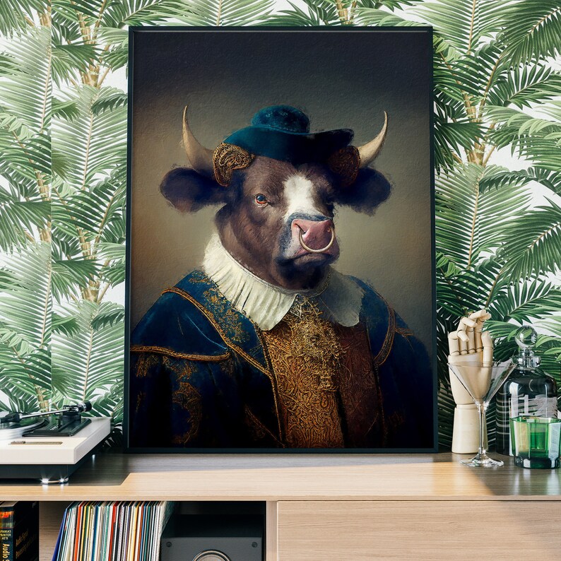 Vintage Bull Portrait – Renaissance Animal Painting, Altered Art Print ...