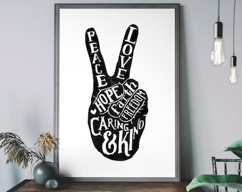 Peace Sign Art Print, Peace And Love, Inspirational Wall Art, Minimalist Boho Decor, World Peace Sign