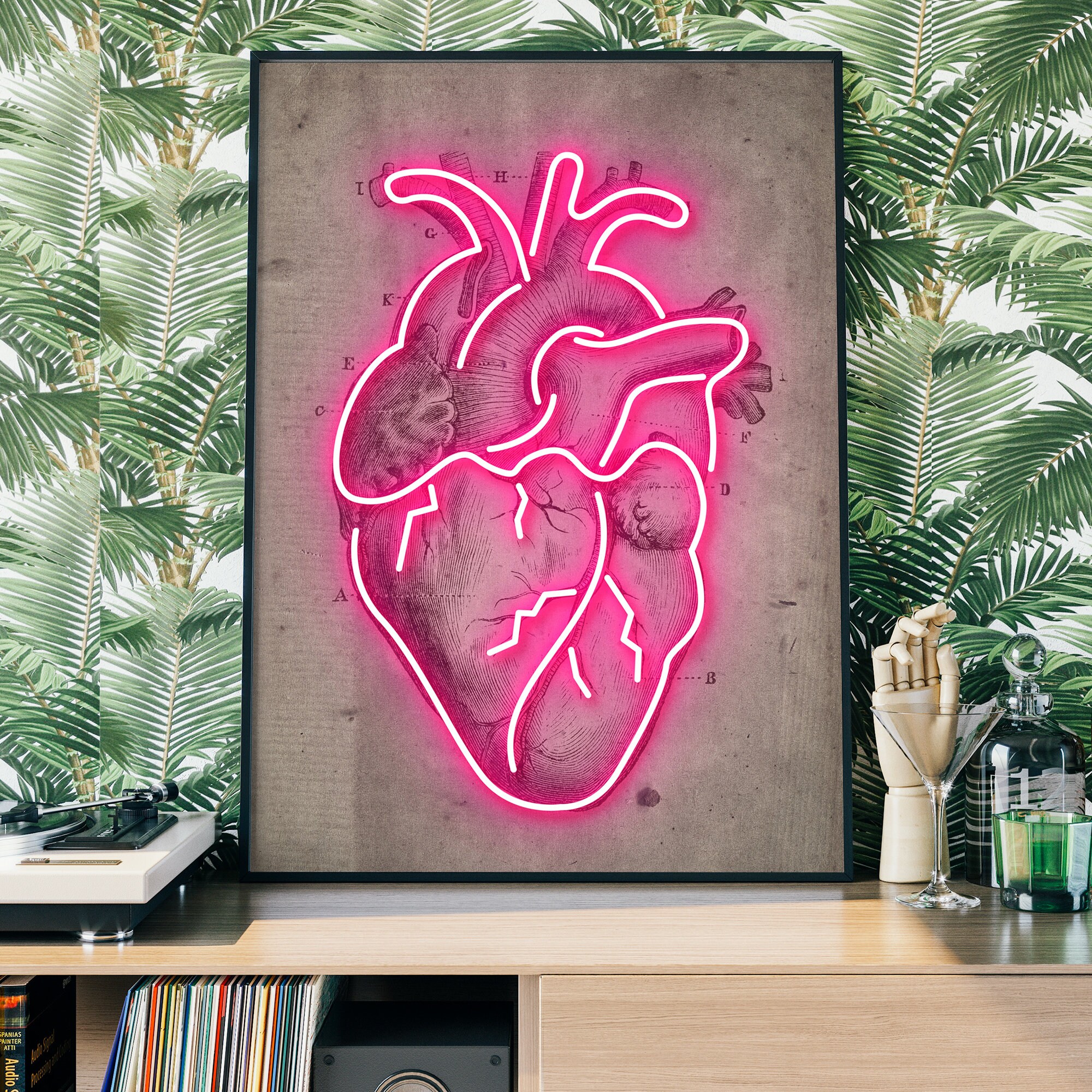 ネオンハート図アートプリント - ヴィンテージハートイラスト、ピンク