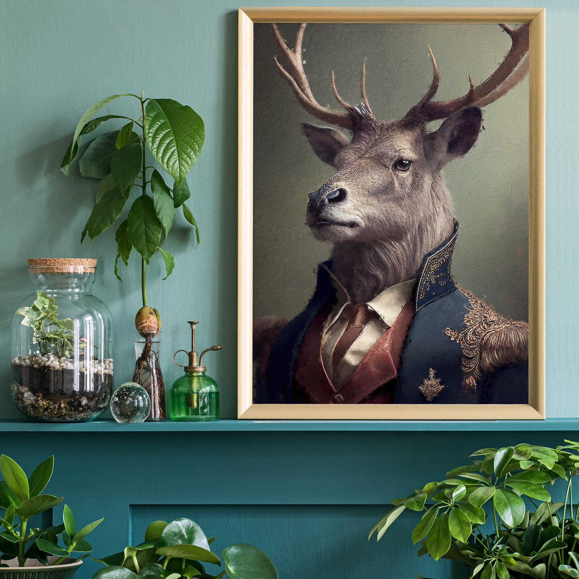 鹿のヴィンテージ肖像画 - ルネッサンス動物絵画を動物の頭部と人間の
