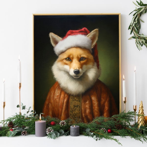 Christmas Fox Vintage Portrait, Renaissance Animal Painting, Festive Wall Art, Animal Head Human Body