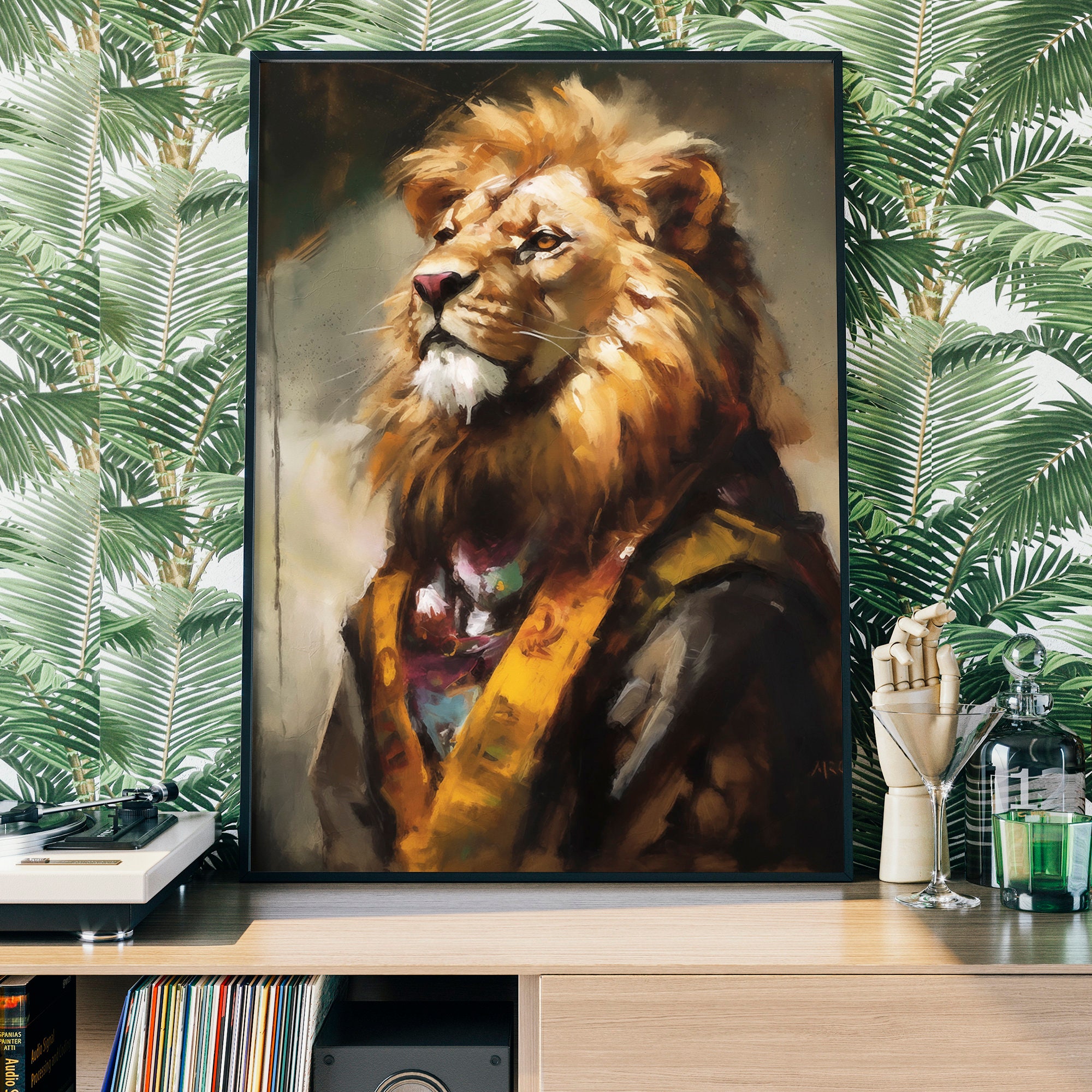ライオンの肖像画アートプリント – ルネッサンス動物画、威厳ある動物