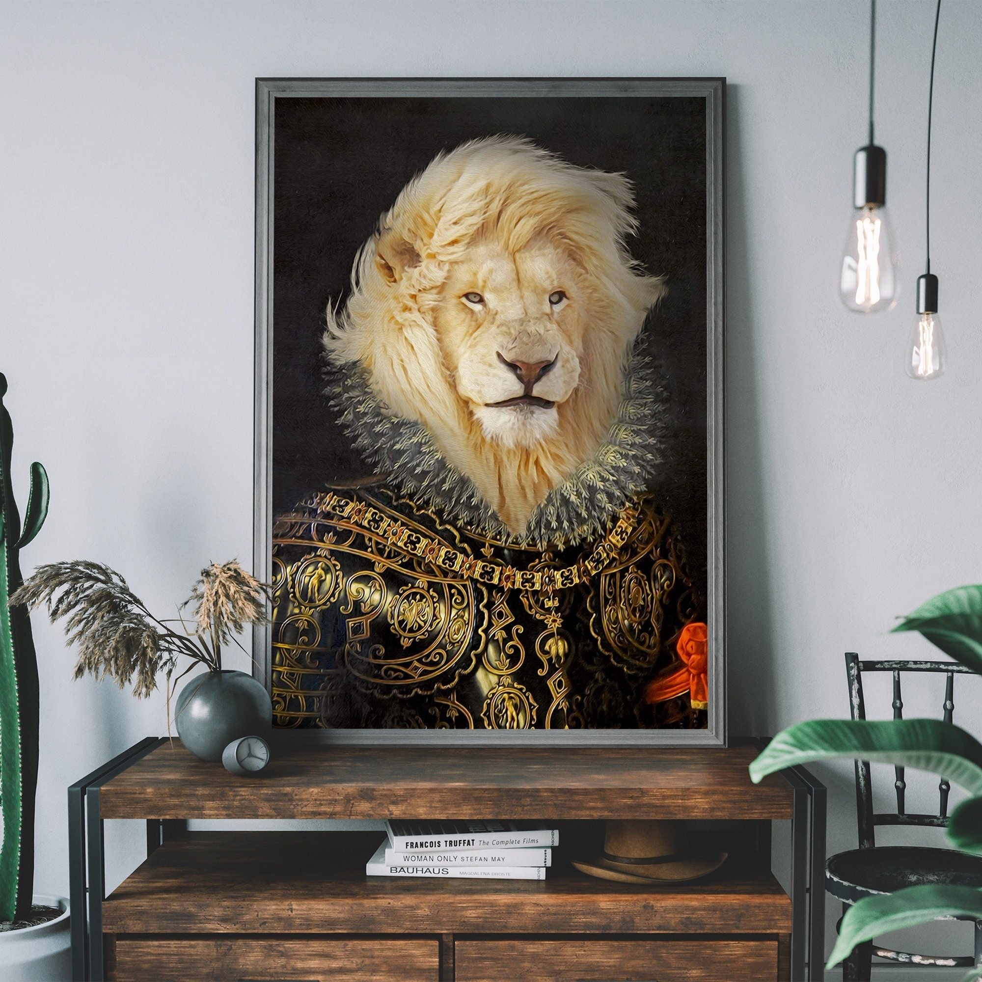 ライオンのヴィンテージ肖像画、ルネッサンス動物画、改変アート