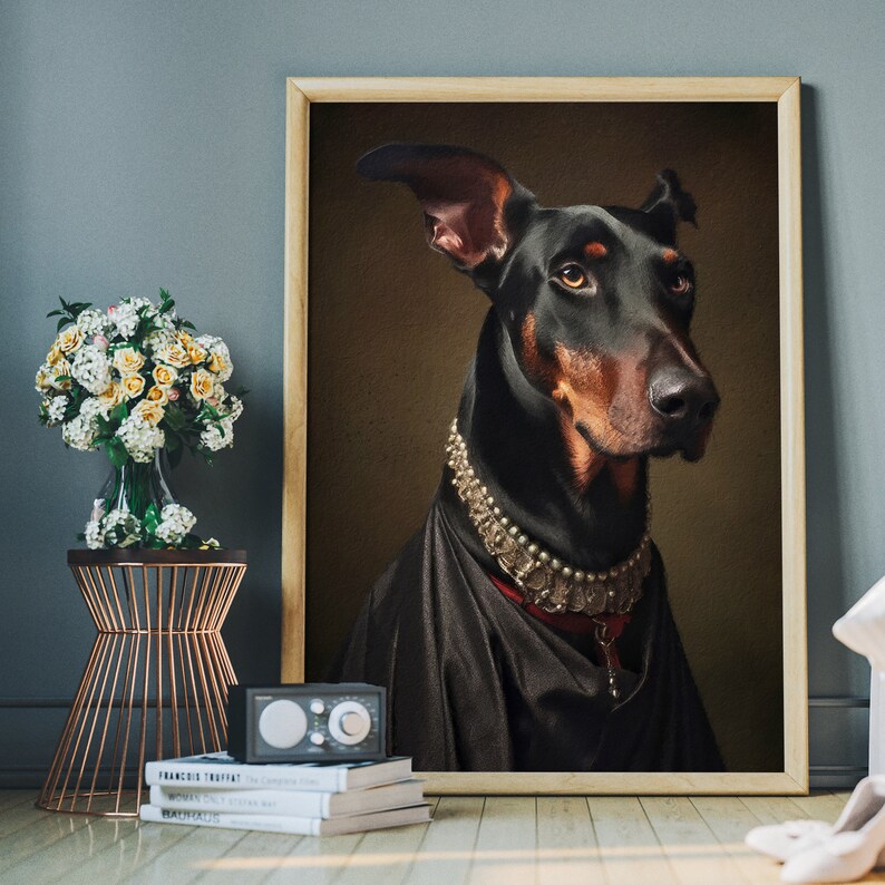 May include: A black and brown Doberman Pinscher dog wearing a silver and pearl necklace, with a black velvet background.